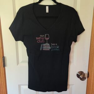 Black V-Neck T-Shirt with Wine Club Design